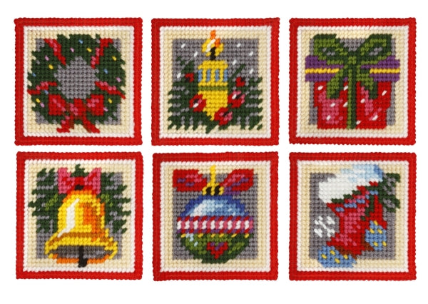Set of 6 Christmas needlepoint coasters kit with plastic canvas, yarn, needle, and instructions.